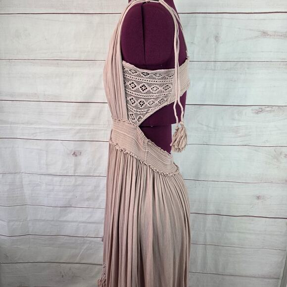 Free People Dress Womens Large Mauve Boho Maxi Lace Crochet Ruffle Smocked - Picture 4 of 14